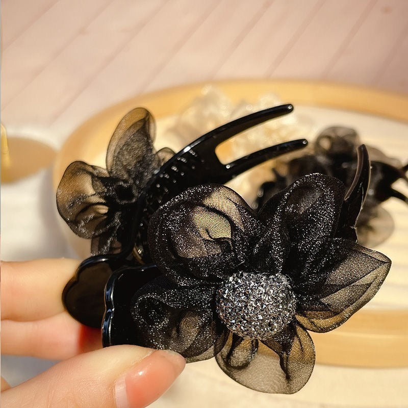 Black Organza Flower Hair Claw