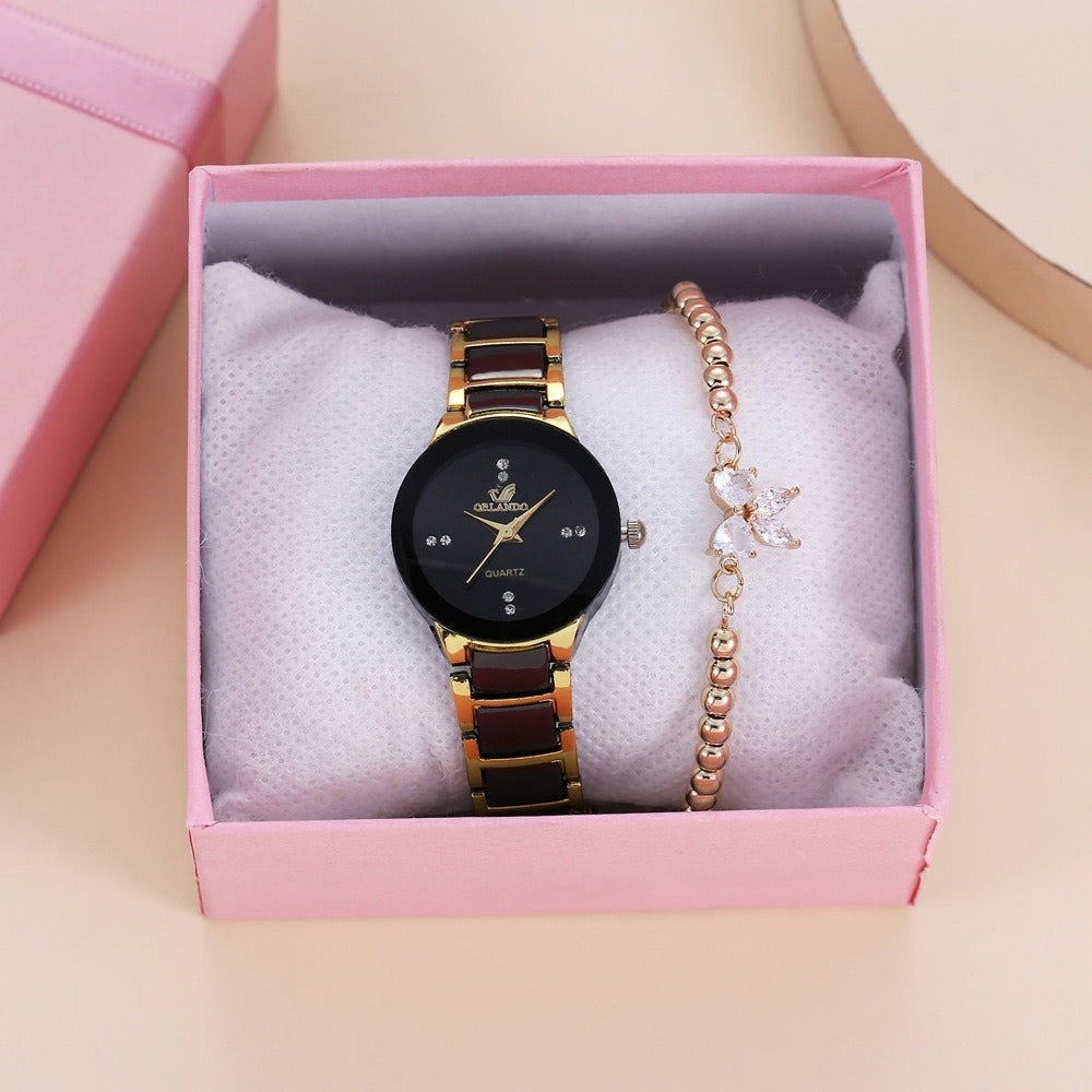 Faux Stone Bow Premium Black Gold Wrist Watch – pinkpops.pk