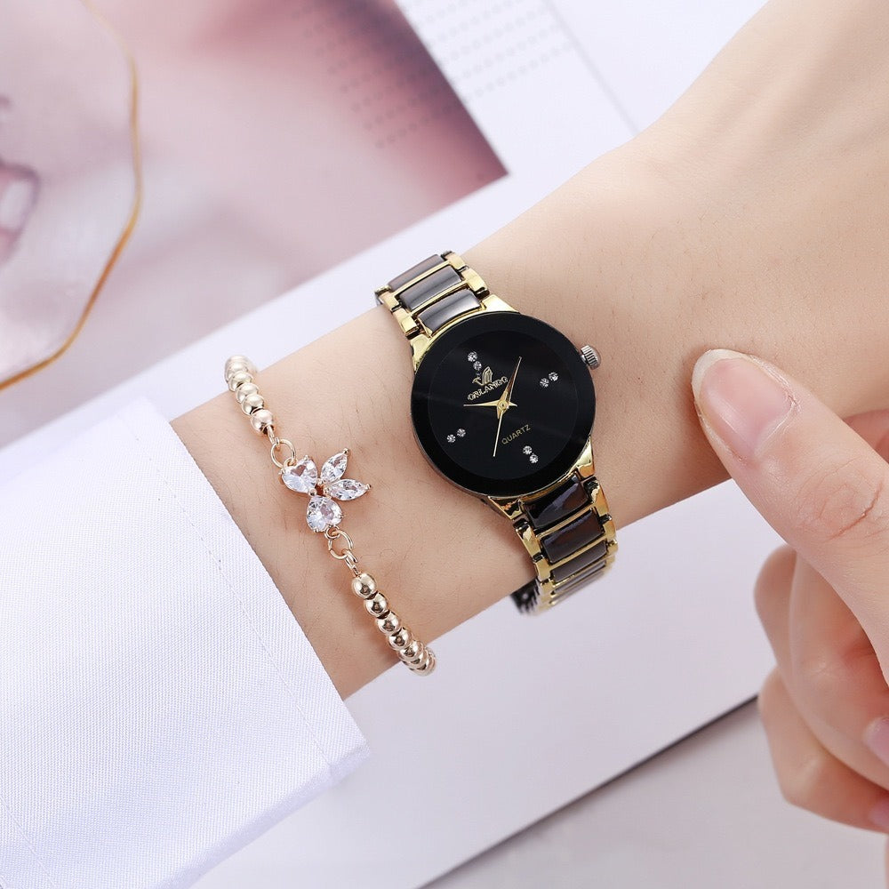 Faux Stone Bow Premium Black Gold Wrist Watch pinkpops.pk