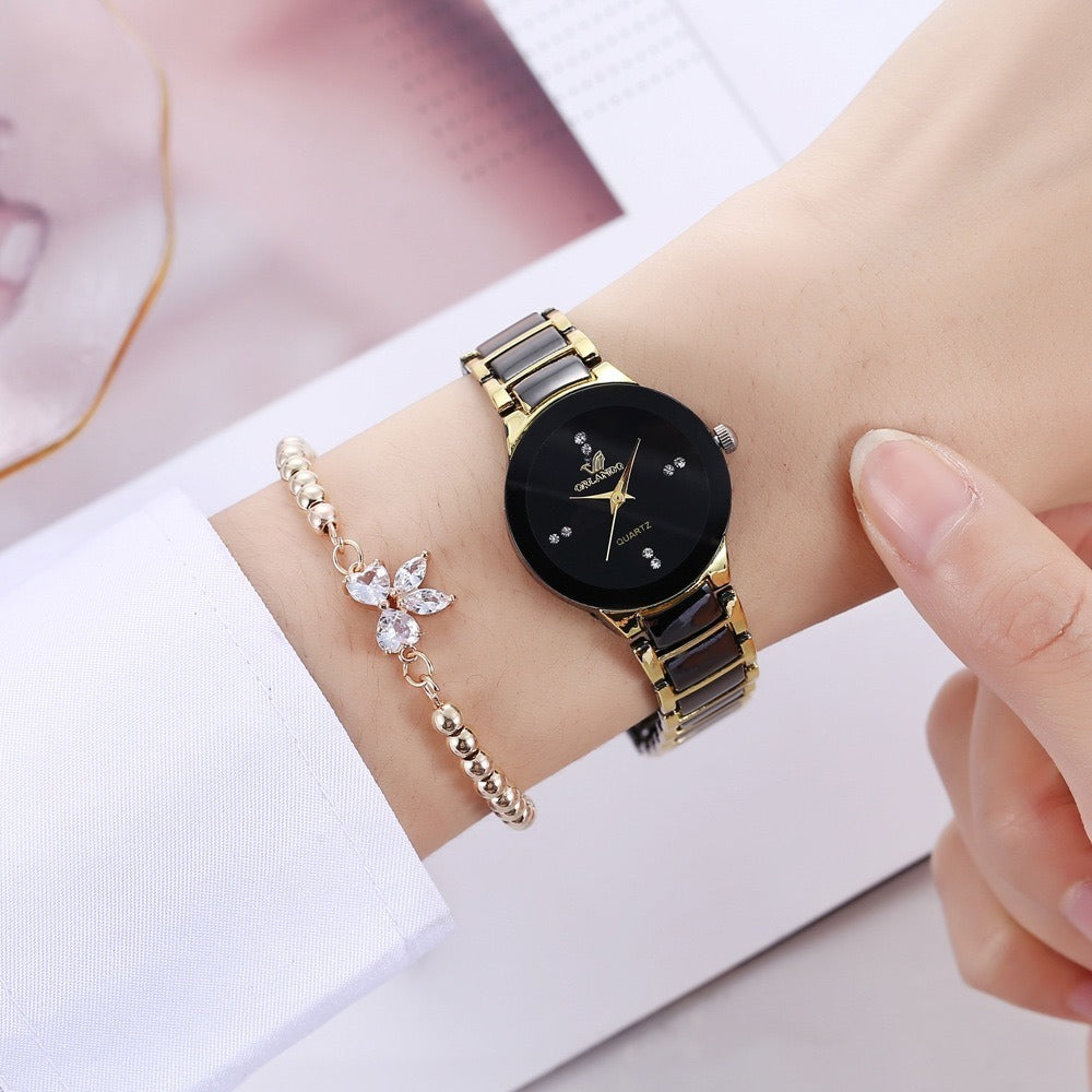 Faux Stone Bow Premium Black Gold Wrist Watch