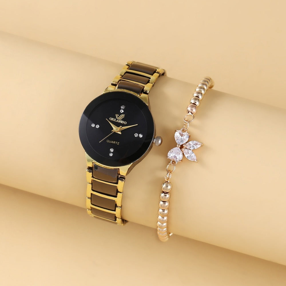 Faux Stone Bow Premium Black Gold Wrist Watch – pinkpops.pk
