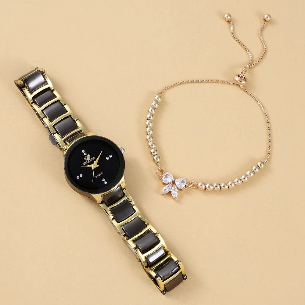 Faux Stone Bow Premium Black Gold Wrist Watch – pinkpops.pk