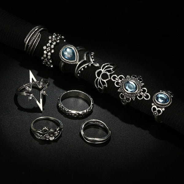 Deep Sea Blue Faux Stone Rings - Set of 11