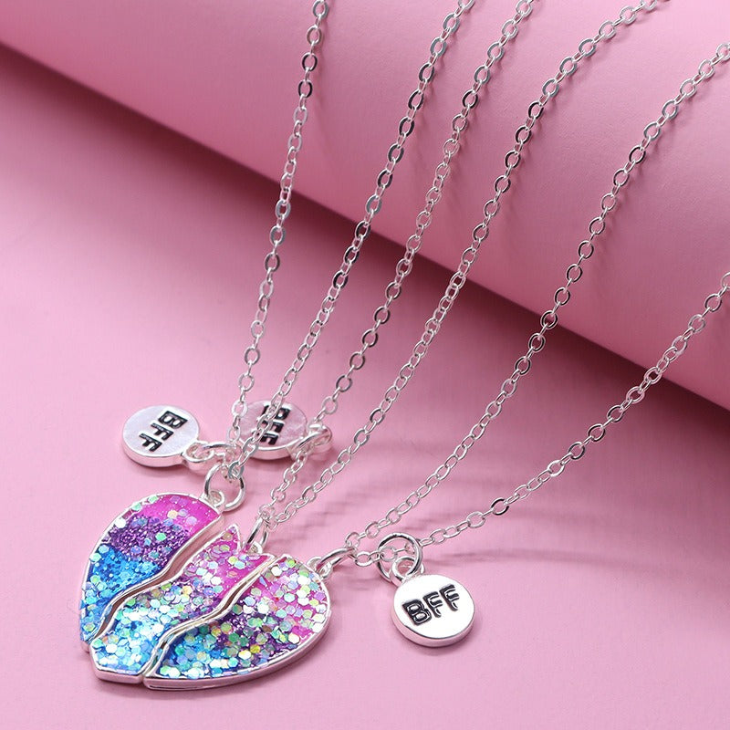 Locket Bff Necklaces Triple Heart Gem Best Friends Necklace Kawaii