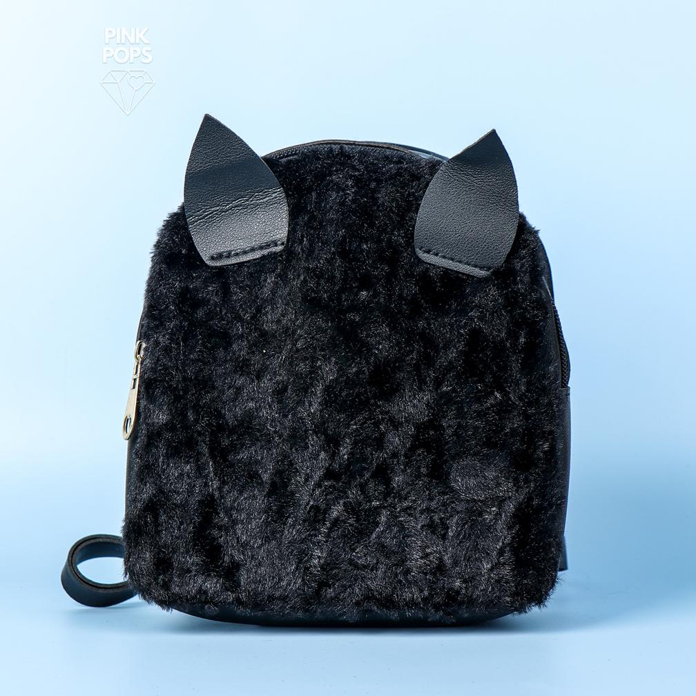 black furry mini backpack Black Fur Leather Mini Backpack – pinkpops.pk