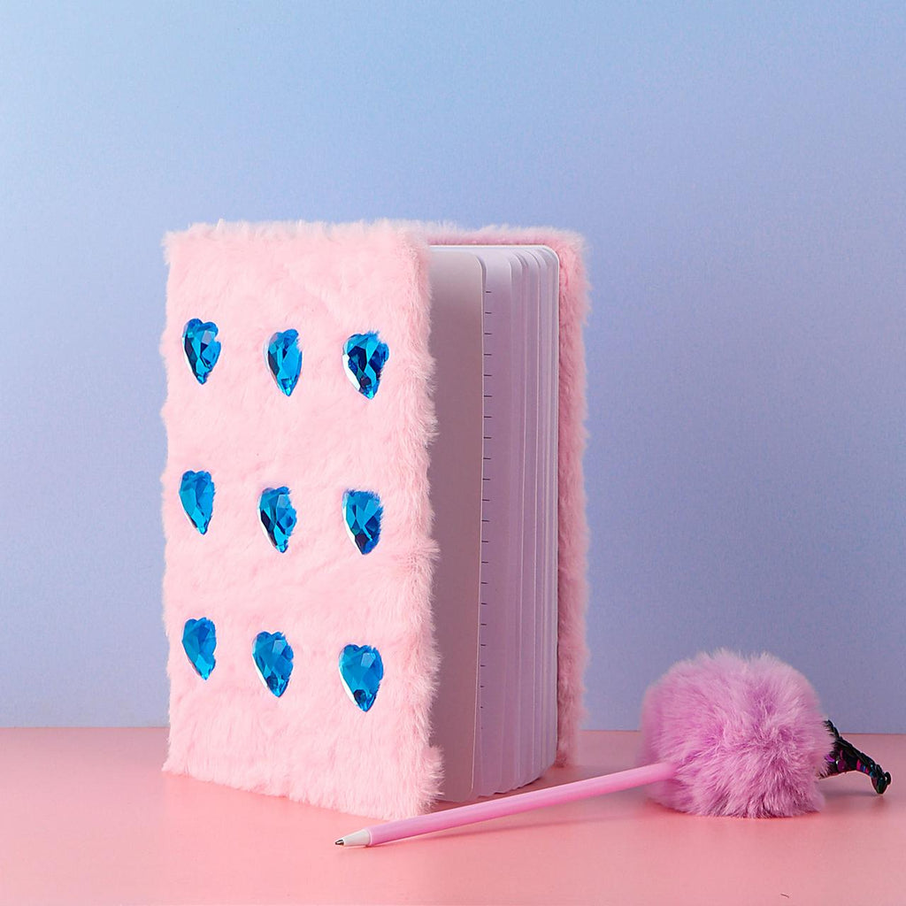 Blue Cute Crystal Heart Plush Notebook