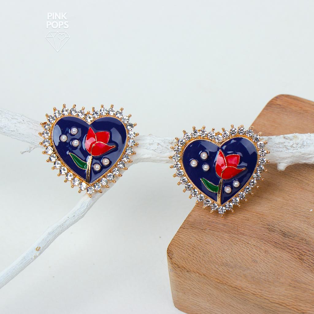 Heart Faux Stone Flower Ear Studs