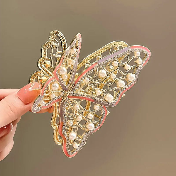 Pink Butterfly Pearls Hair Clip
