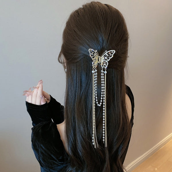 Luxury Butterfly Pearl Chained Tassel Hair Claws
