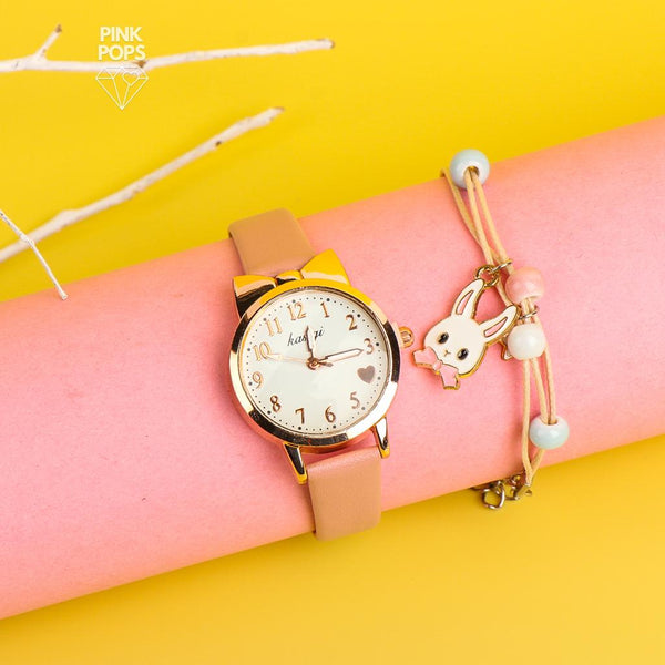 Pink Heart Wrist Watch With Rabbit Bracelet