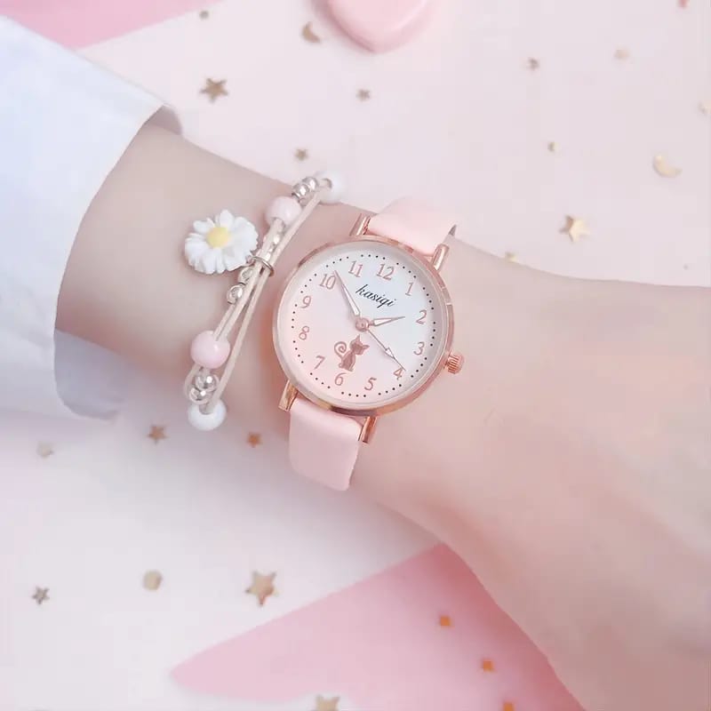 Pink Cat Watch With Daisy Bracelet