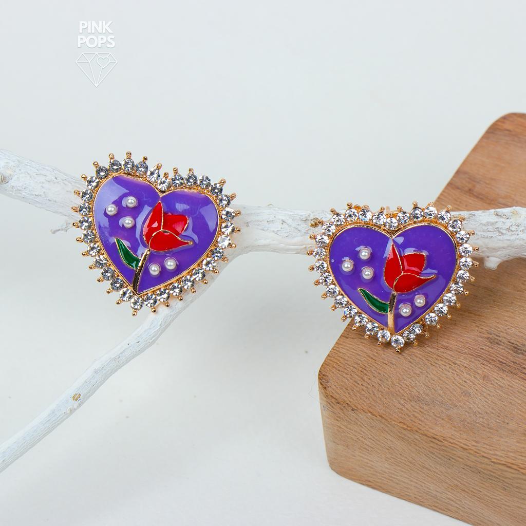 Heart Faux Stone Flower Ear Studs