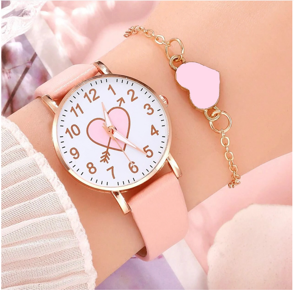 Pink Heart Faux Leather Wrist Watch with Bracelet pinkpops.pk