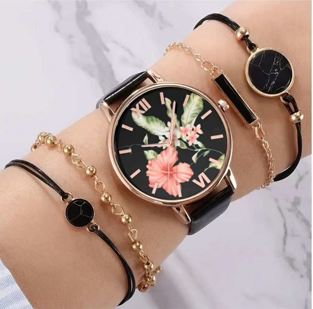 Flower Sleek Watch with Bracelet Set of 5 pinkpops.pk