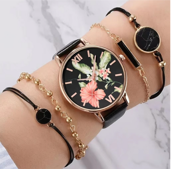 Flower Sleek Watch with Bracelet - Set of 5