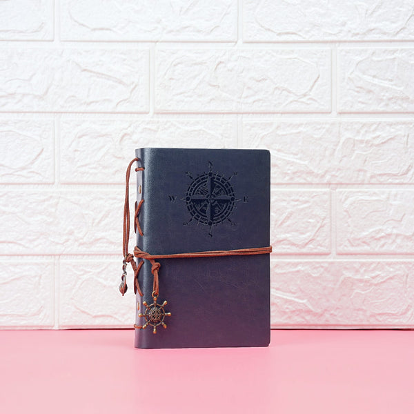 Retro Leaf Embossed Leather Cover Journal With Kraft Pages-Blue