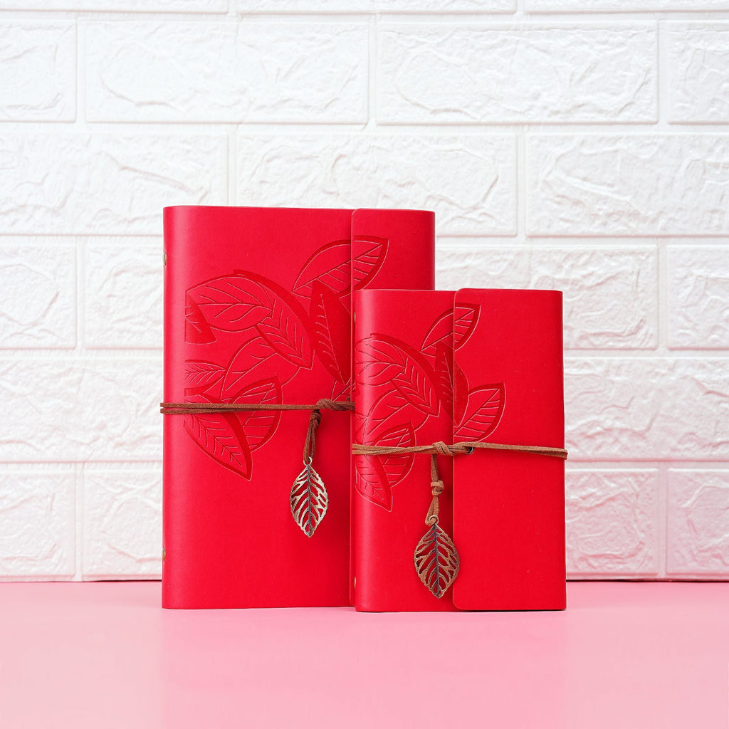 Retro Leaf Embossed Leather Cover Journal With Kraft Pages-Red