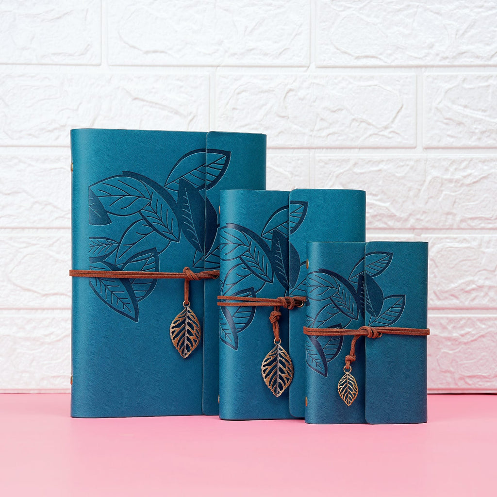 Retro Leaf Embossed Leather Cover Journal With Kraft Pages-Turquoise
