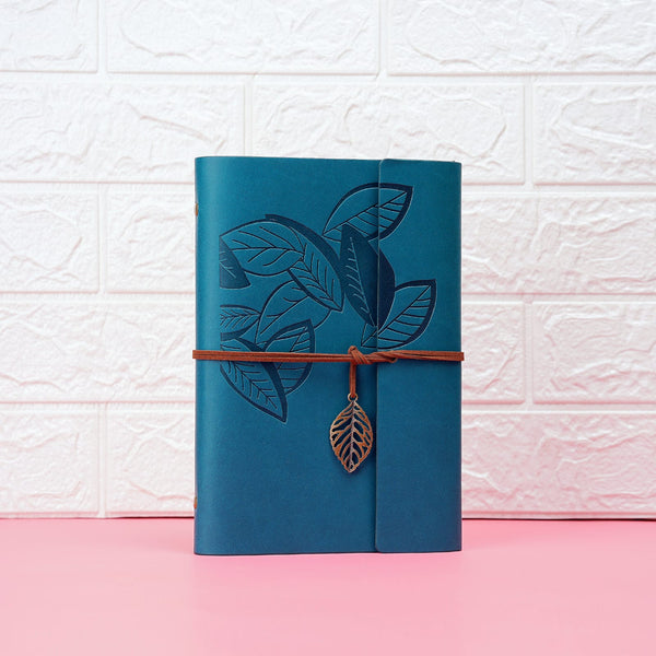 Retro Leaf Embossed Leather Cover Journal With Kraft Pages-Turquoise