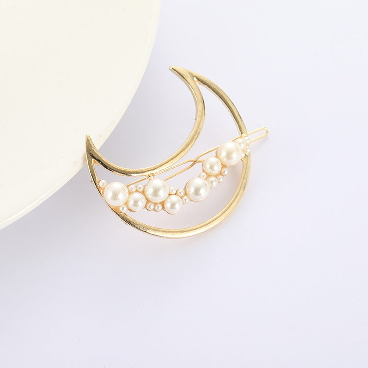 Premium Gold Tone Faux Pearl Metal Hair Clip - Moon