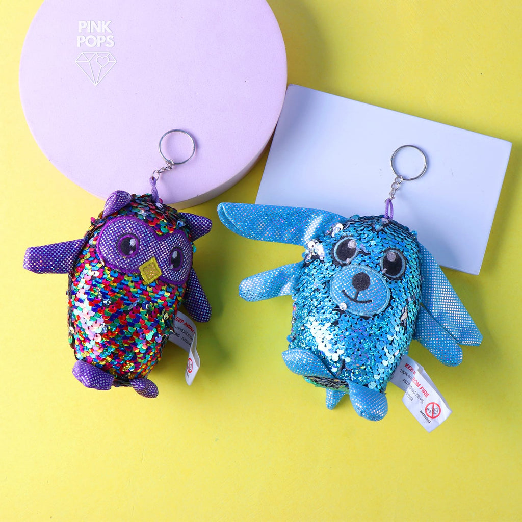 Reversible Sequin Owl & Dog Key Chain