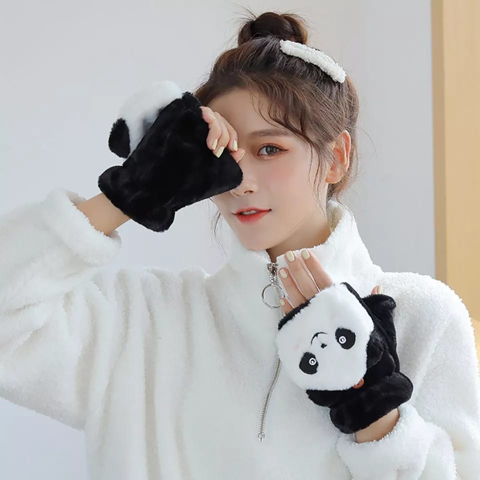 women with Panda Fur Mittens 